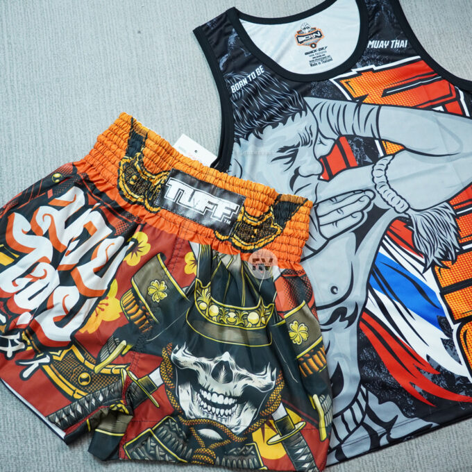 Golden Sun Samurai And Red Sky Print Muay Thai Boxing Shorts main image 0