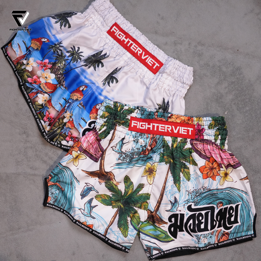 Quần Muay Thai Raja x FighterViet  “Island Warrior” Muay Thai Shorts - White