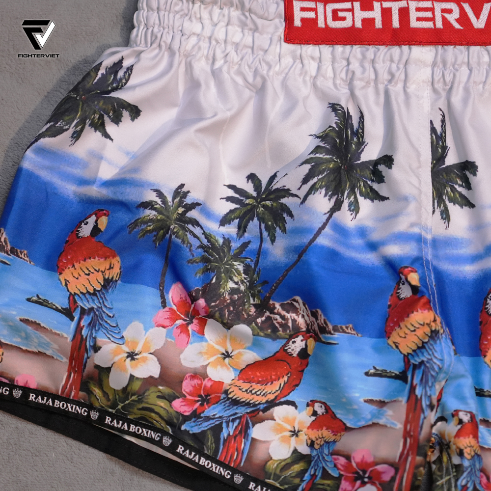 Quần Muay Thai Raja x FighterViet  “Island Warrior” Muay Thai Shorts - White