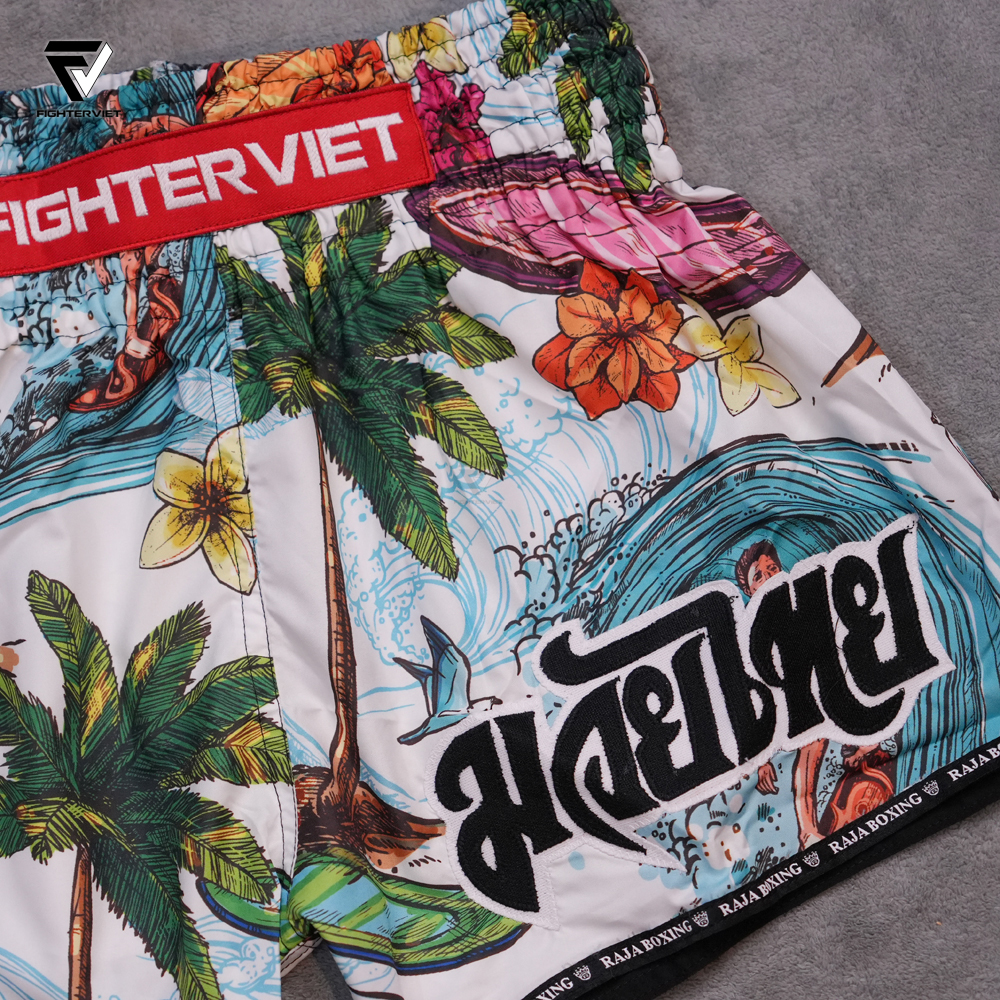 Quần Muay Thai Raja x FighterViet - White Sea Muay Thai Shorts